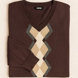Claiborne Men’s Argyle V-Neck Sweater Brown & Beige Cotton L